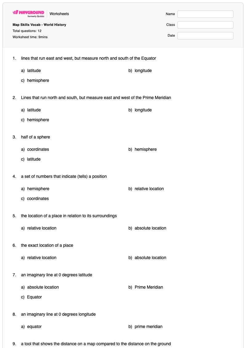 Map Skills Vocab - World History - พิมพ์ได้ ทักษะทางสังคม เวิร์กชีท - Wayground