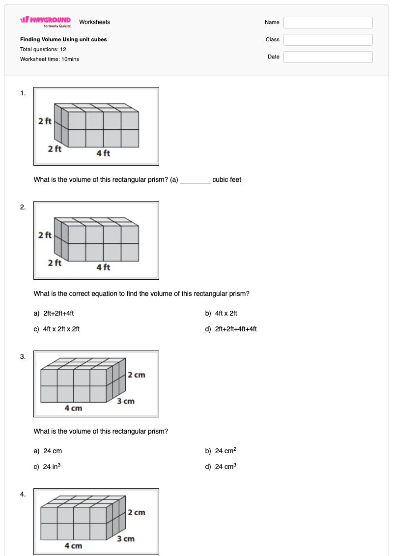 Finding Volume Using unit cubes - Printable Volume-of-a-rectangular-prism Worksheets Grade 4 - Wayground