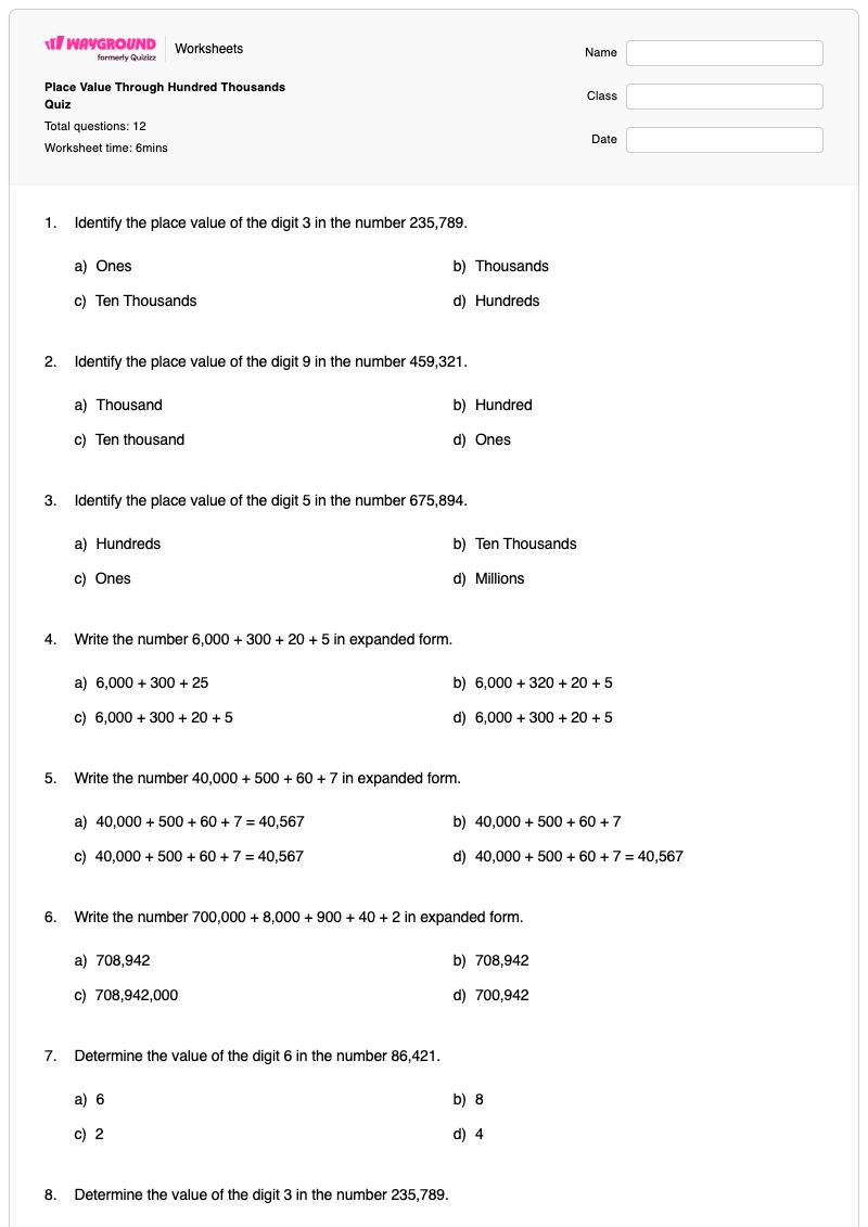 Place Value Through Hundred Thousands Quiz - Printable Place-value-hundred-thousands Worksheets Grade 5 - Wayground