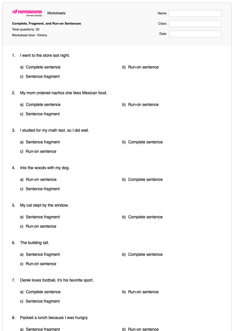 Complete, Fragment, and Run-on Sentences - พิมพ์ได้ ประโยคและส่วนของประโยค เวิร์กชีท - Wayground