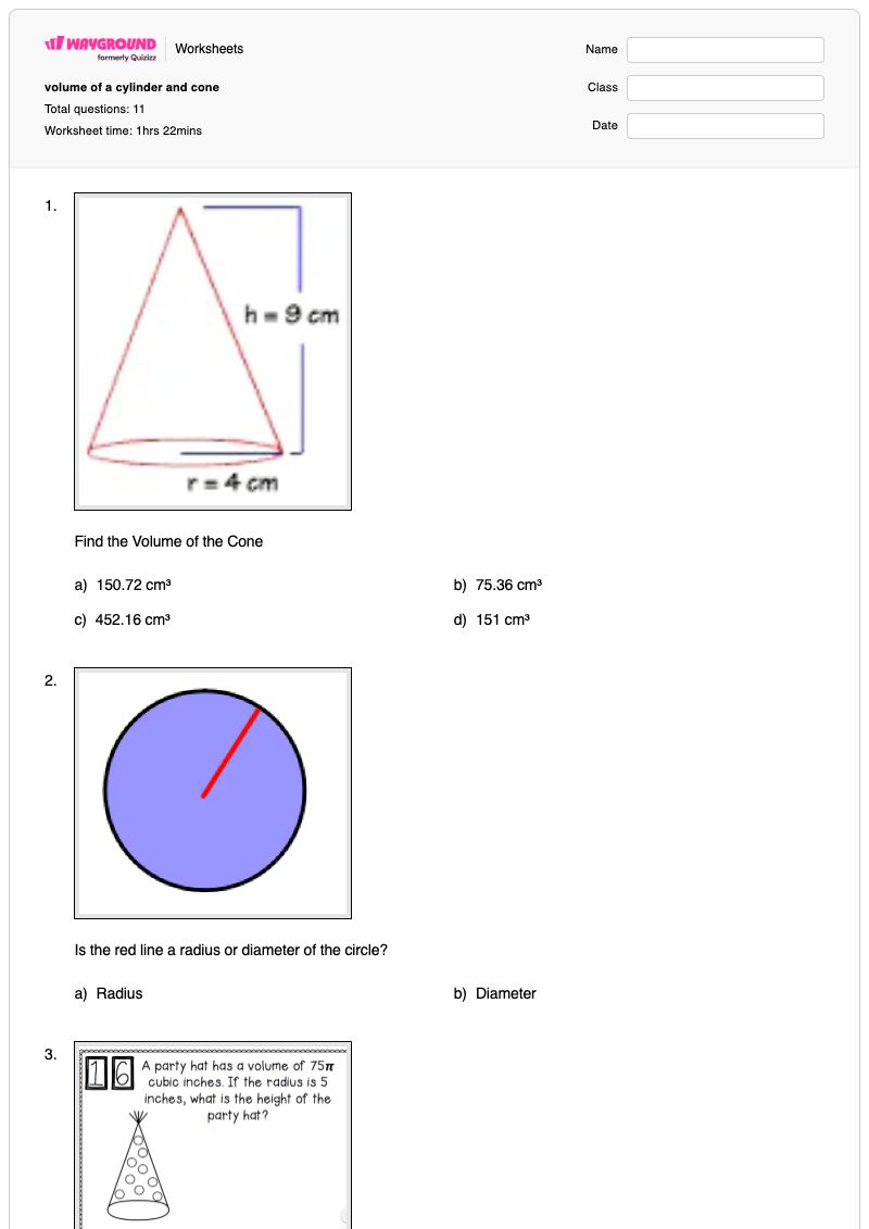 volume of a cylinder and cone - พิมพ์ได้ ปริมาตรของกระบอกสูบ เวิร์กชีท - Wayground