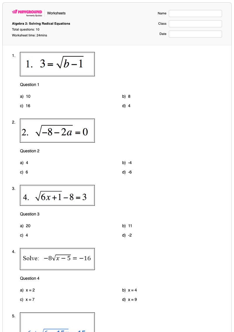 Algebra 2: Solving Radical Equations - Printable Algebra-2 Worksheets - Wayground