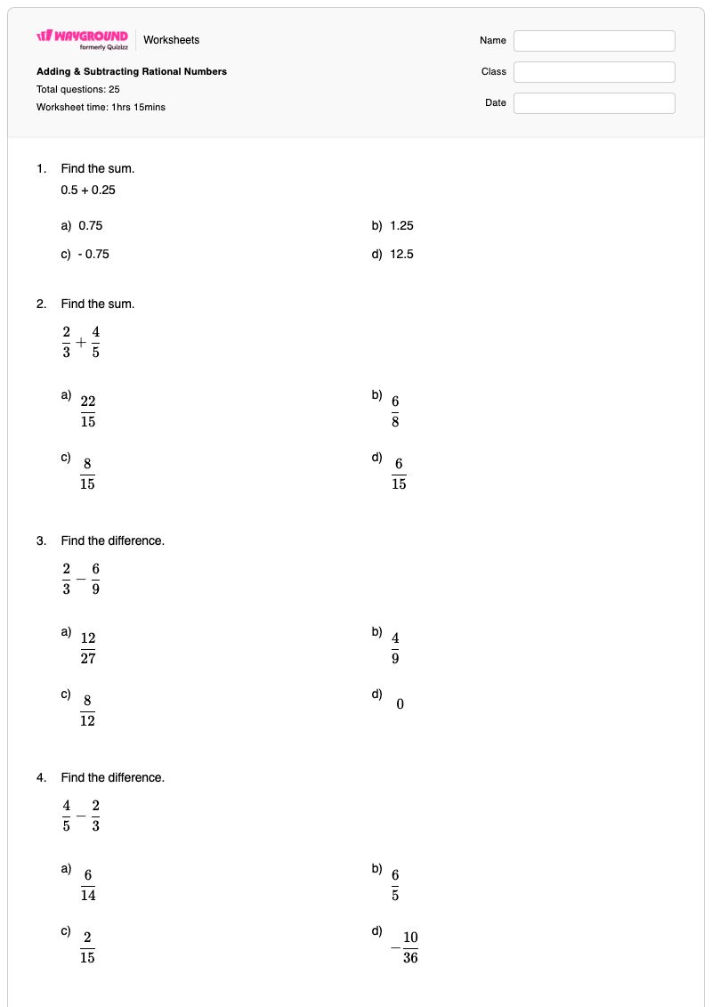 Adding & Subtracting Rational Numbers - Printable Adding-with-zero Worksheets - Wayground