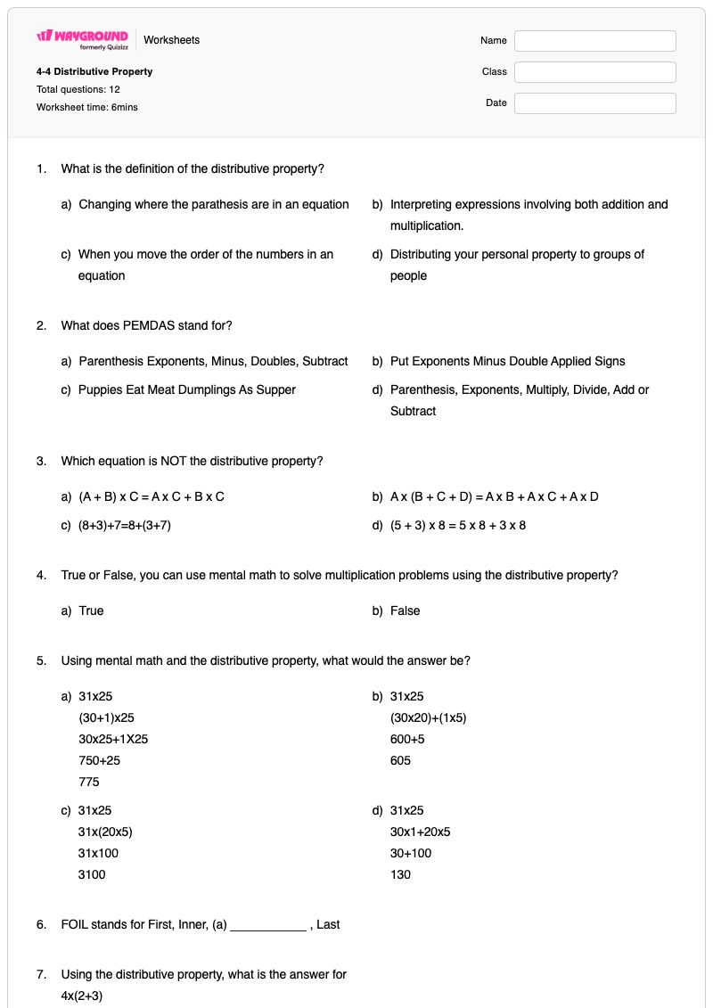 4-4 Distributive Property  - Printable Distributive-property-of-multiplication Worksheets Grade 5 - Wayground