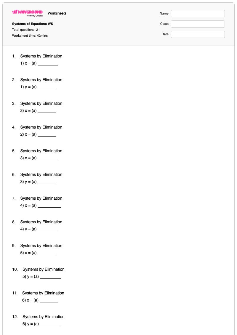Systems of Equations WS - Printable Synthetic-substitution Worksheets Class 9 - Wayground