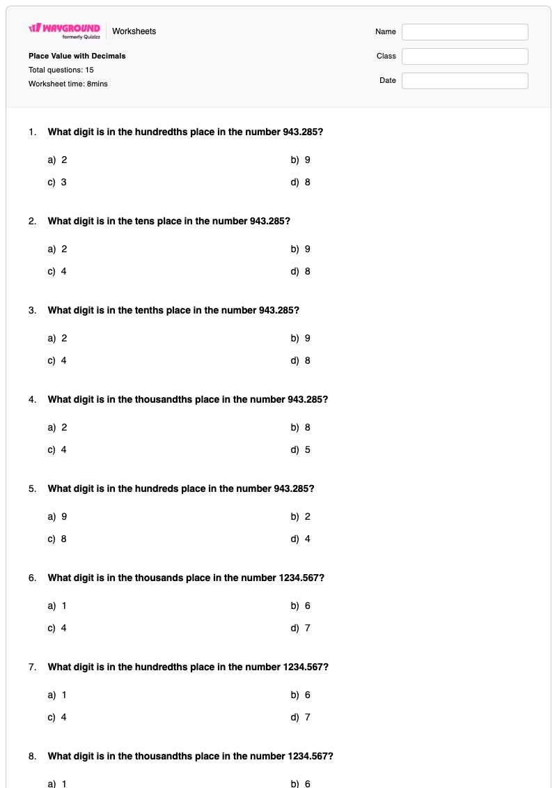 Place Value with Decimals - พิมพ์ได้ ค่าประจำหลักทศนิยม เวิร์กชีท - Wayground