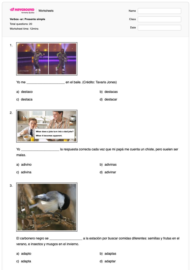 Verbos -ar: Presente simple - Imprimible Deletreo-manual-en-asl Hojas-de-trabajo Grado 4 - Wayground