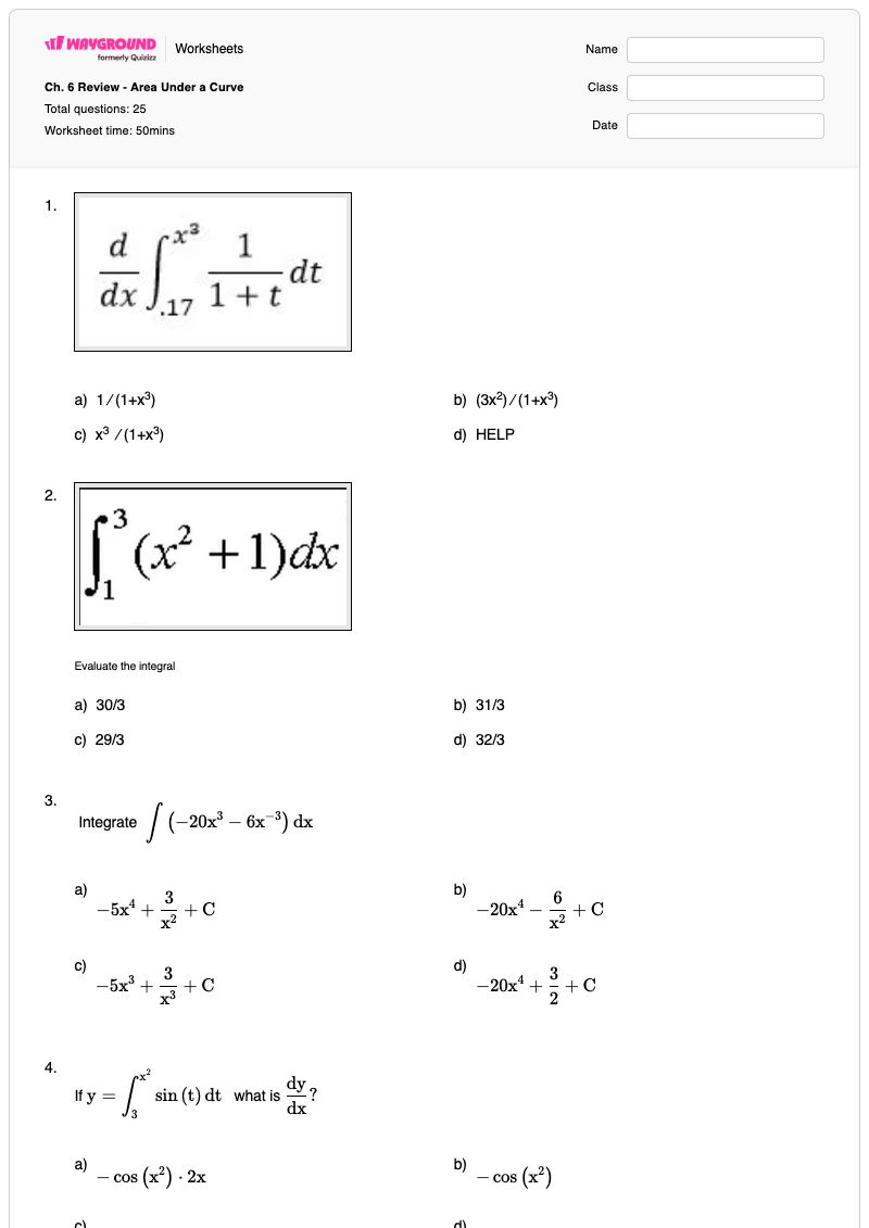 Ch. 6 Review - Area Under a Curve - Printable Riemann-sum Worksheets Year 10 - Wayground