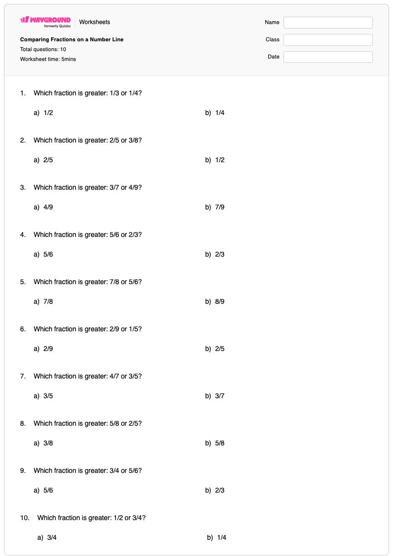 Comparing Fractions on a Number Line - Printable Fractions-on-a-number-line Worksheets - Wayground