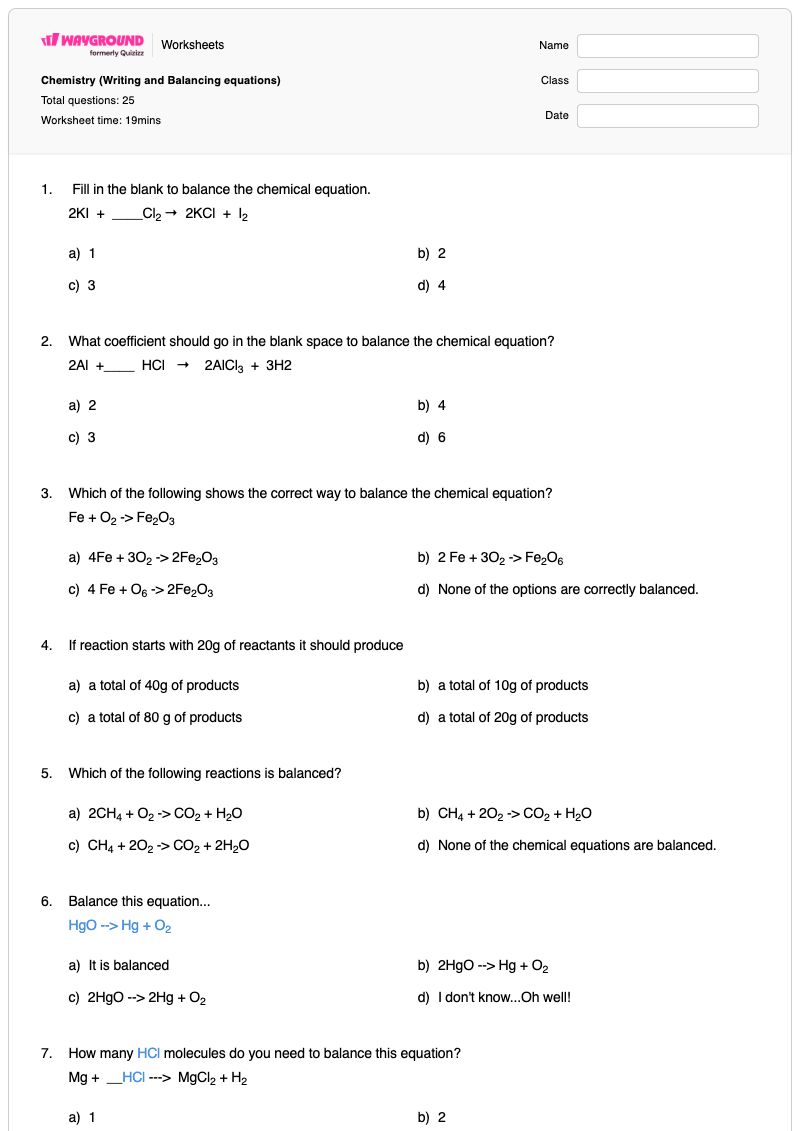 Chemistry (Writing and Balancing equations) - พิมพ์ได้ Equation-balancing เวิร์กชีท - Wayground
