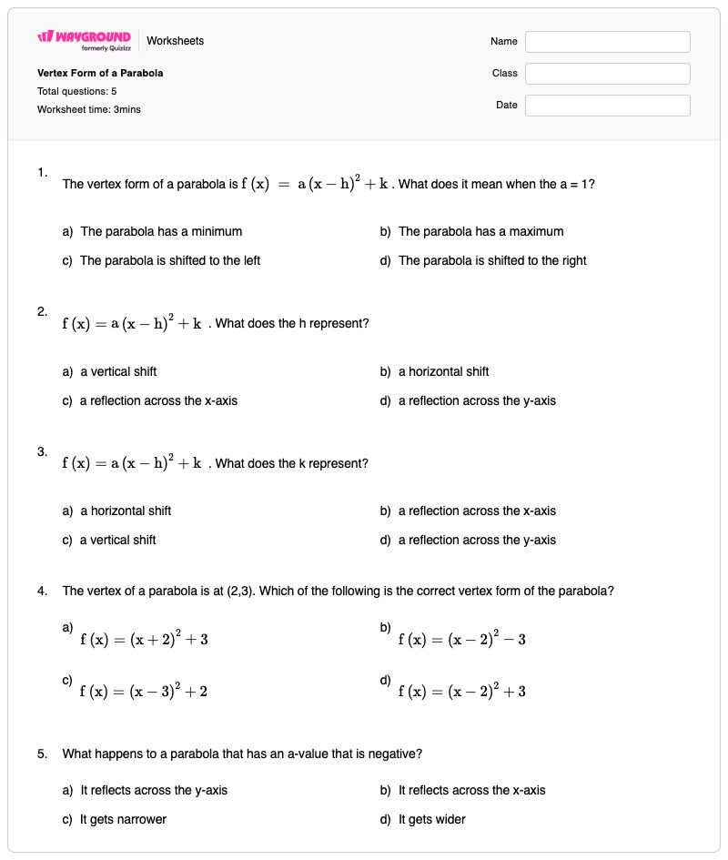 Vertex Form of a Parabola - พิมพ์ได้ Vertex-form เวิร์กชีท - Wayground