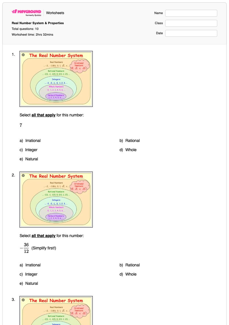 Real Number System & Properties - Printable Organizing-real-numbers Worksheets Class 11 - Wayground