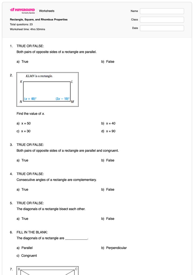 Rectangle, Square, and Rhombus Properties - Printable Quadrilateral-proofs Worksheets Year 10 - Wayground