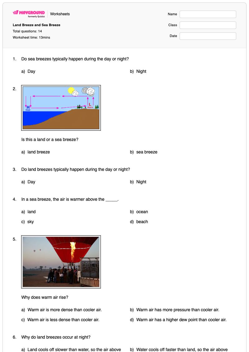 Land Breeze and Sea Breeze - Printable Land-breeze-and-sea-breeze Worksheets Class 5 - Wayground