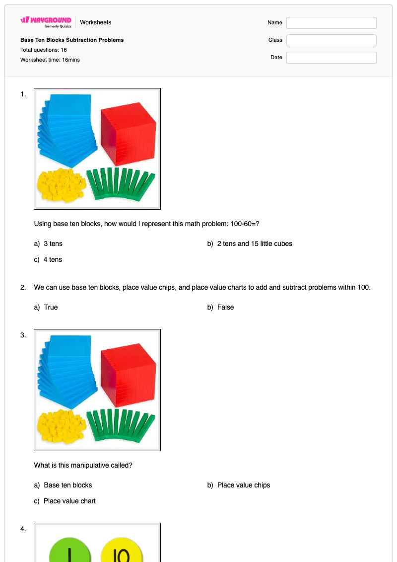 Base Ten Blocks Subtraction Problems - Printable Subtraction Worksheets - Wayground