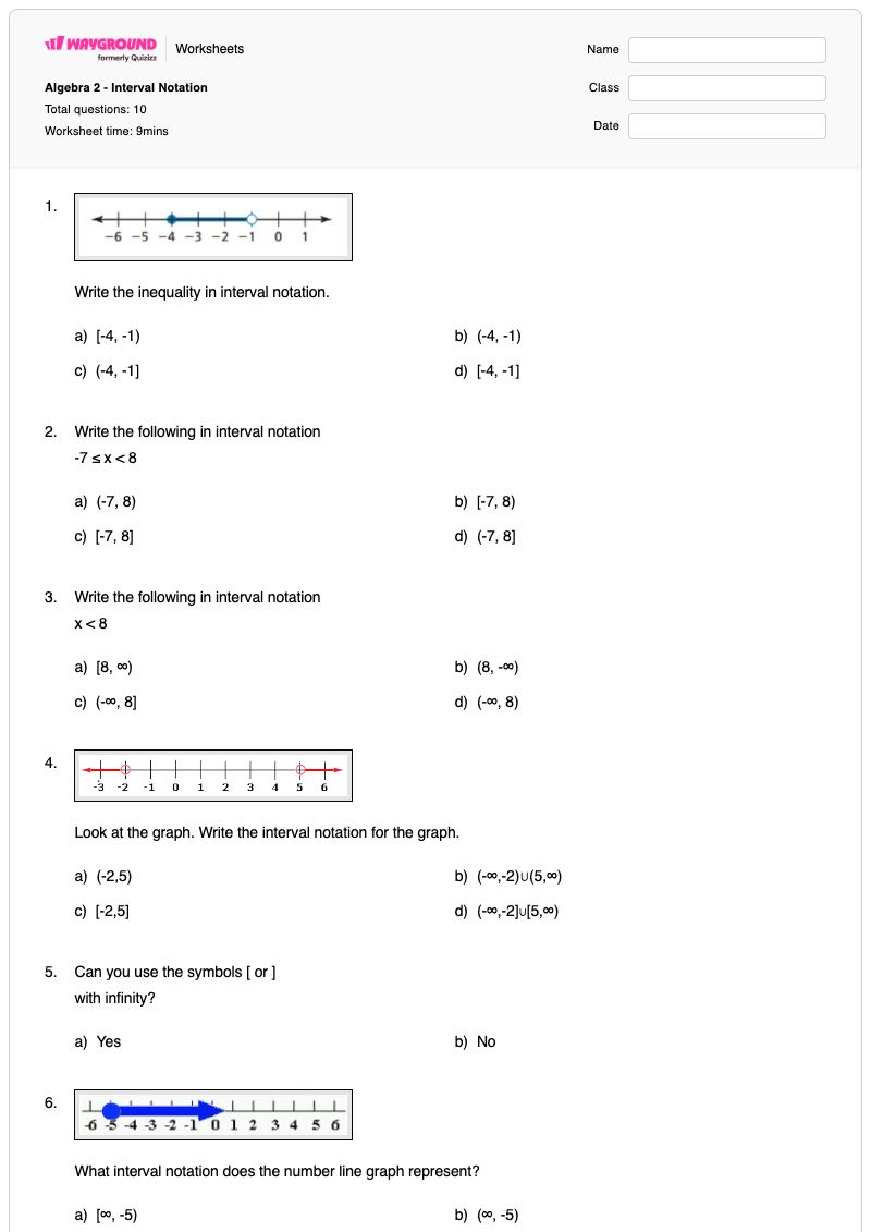 Algebra 2 - Interval Notation - Printable Algebra Worksheets Class 11 - Wayground