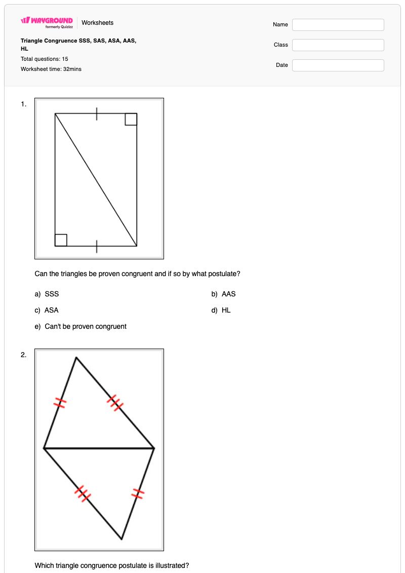 Triangle Congruence SSS, SAS, ASA, AAS, HL - Printable Congruence Worksheets - Wayground