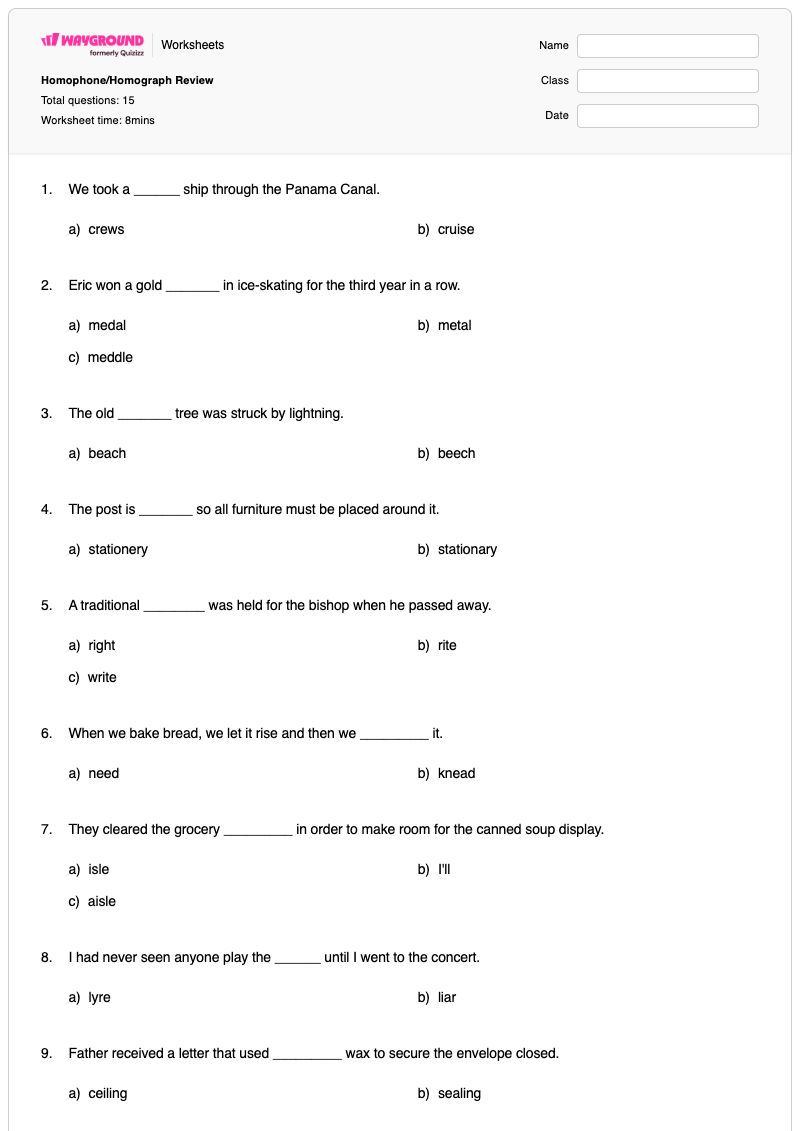 Homophone/Homograph Review - Printable Homophones-and-homographs Worksheets - Wayground