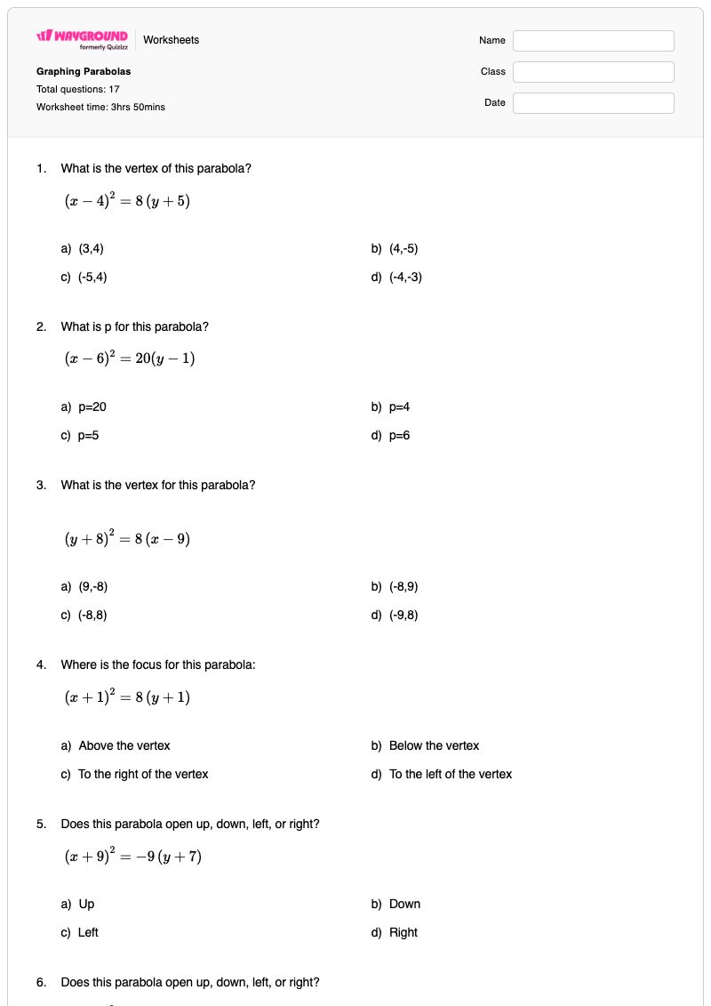 Graphing Parabolas - พิมพ์ได้ การวาดกราฟพาราโบลา เวิร์กชีท - Wayground