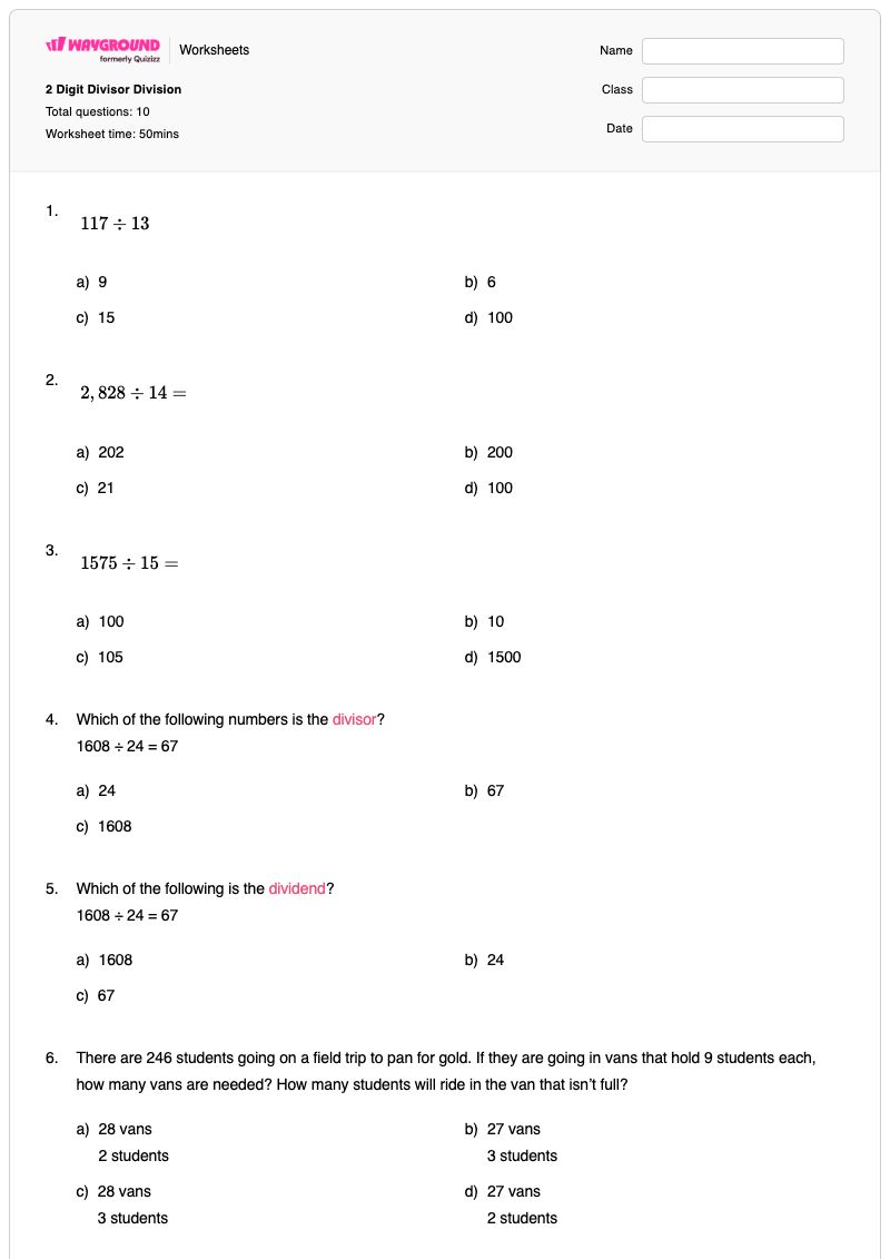 2 Digit Divisor Division - Printable Division Worksheets - Wayground