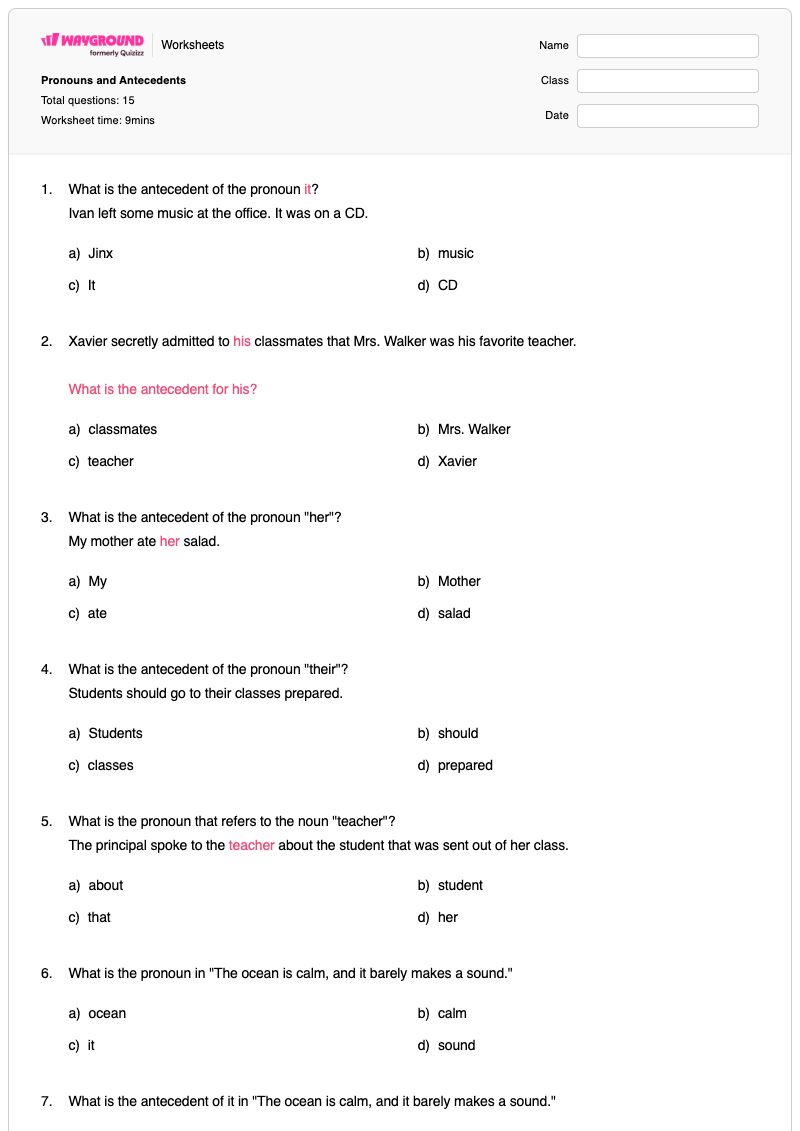 Pronouns and Antecedents - Printable Pronouns Worksheets Grade 6 - Wayground