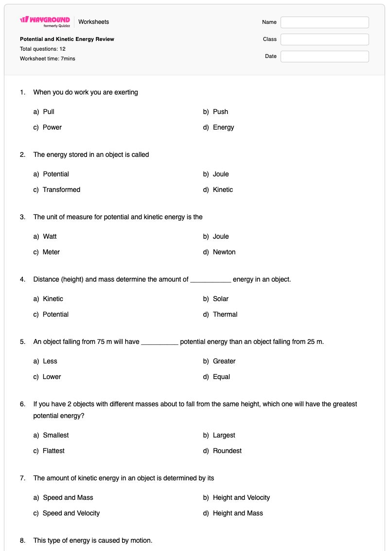 Potential and Kinetic Energy Review - Printable Potential-and-kinetic-energy Worksheets Year 8 - Wayground