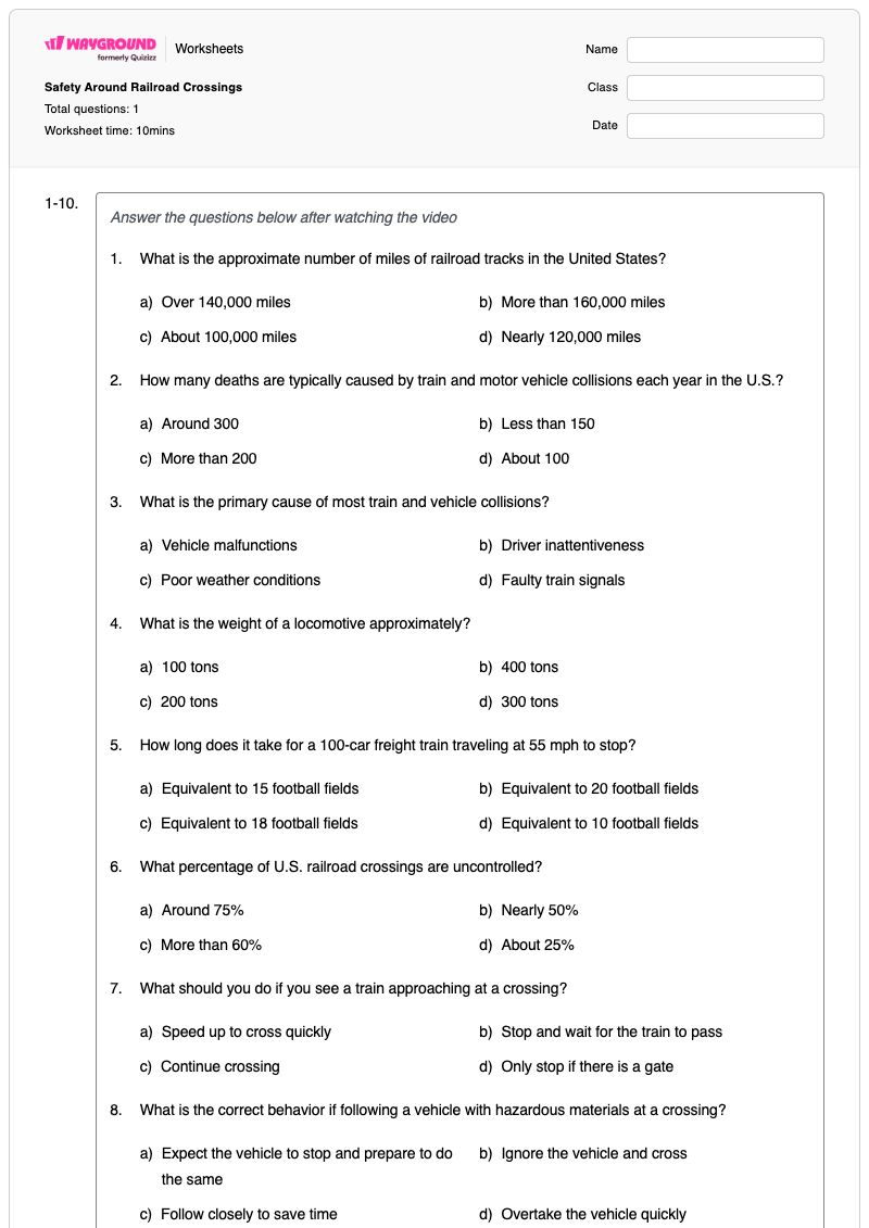 Safety Around Railroad Crossings - Printable Subtraction Worksheets - Wayground