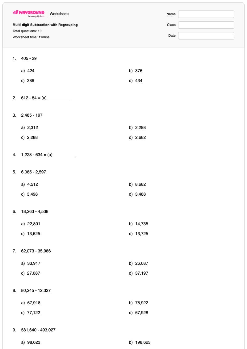 Multi-digit Subtraction with Regrouping - พิมพ์ได้ การลบเลขหลายหลัก เวิร์กชีท - Wayground