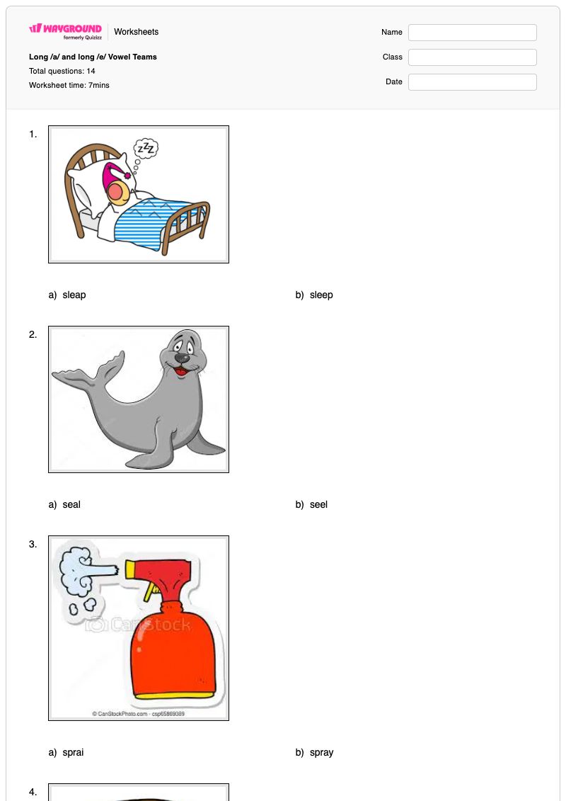 Long /a/ and long /e/ Vowel Teams - Printable Vowel-teams Worksheets Grade 1 - Wayground