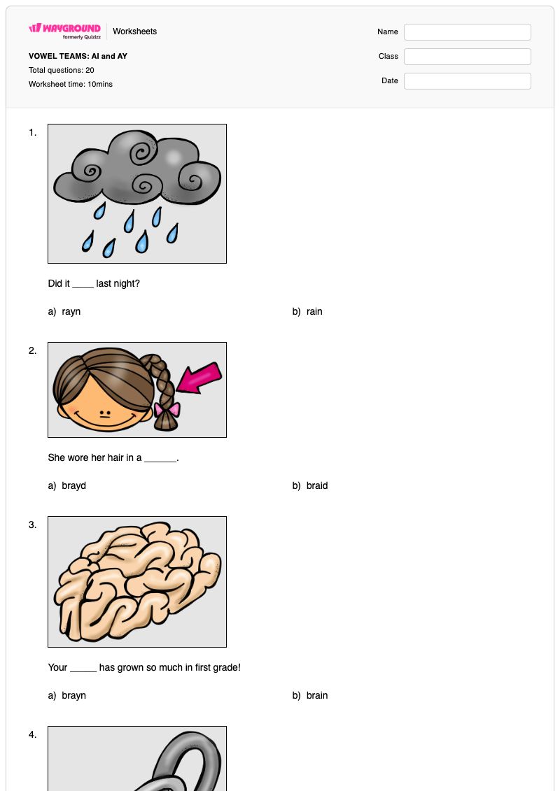 VOWEL TEAMS: AI and AY - Printable Vowel-teams Worksheets Grade 1 - Wayground
