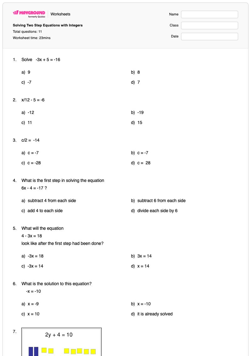 Solving Two Step Equations with Integers - พิมพ์ได้ สมการสองขั้นตอน เวิร์กชีท - Wayground