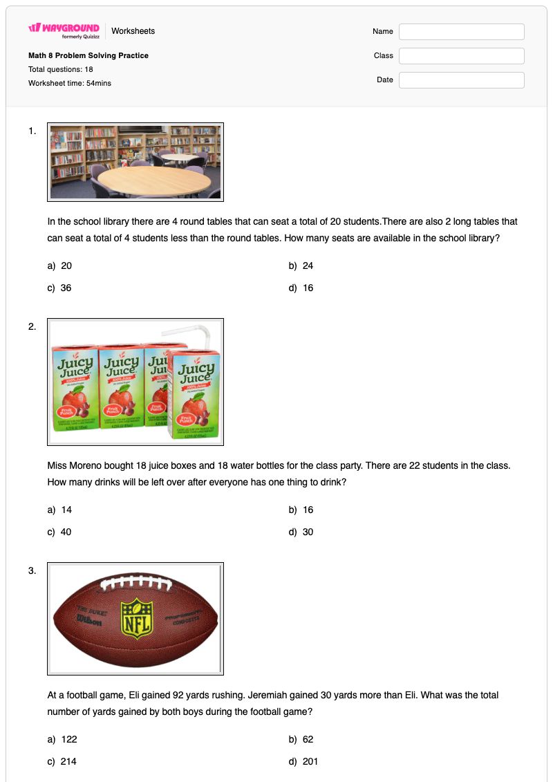 Math 8 Problem Solving Practice - Printable Math Worksheets Year 8 - Wayground