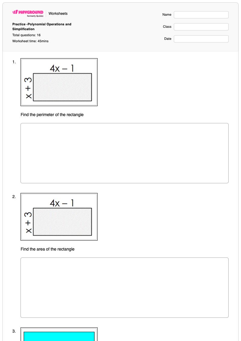 Practice -Polynomial Operations and Simplification - พิมพ์ได้ พื้นที่และปริมณฑล เวิร์กชีท - Wayground