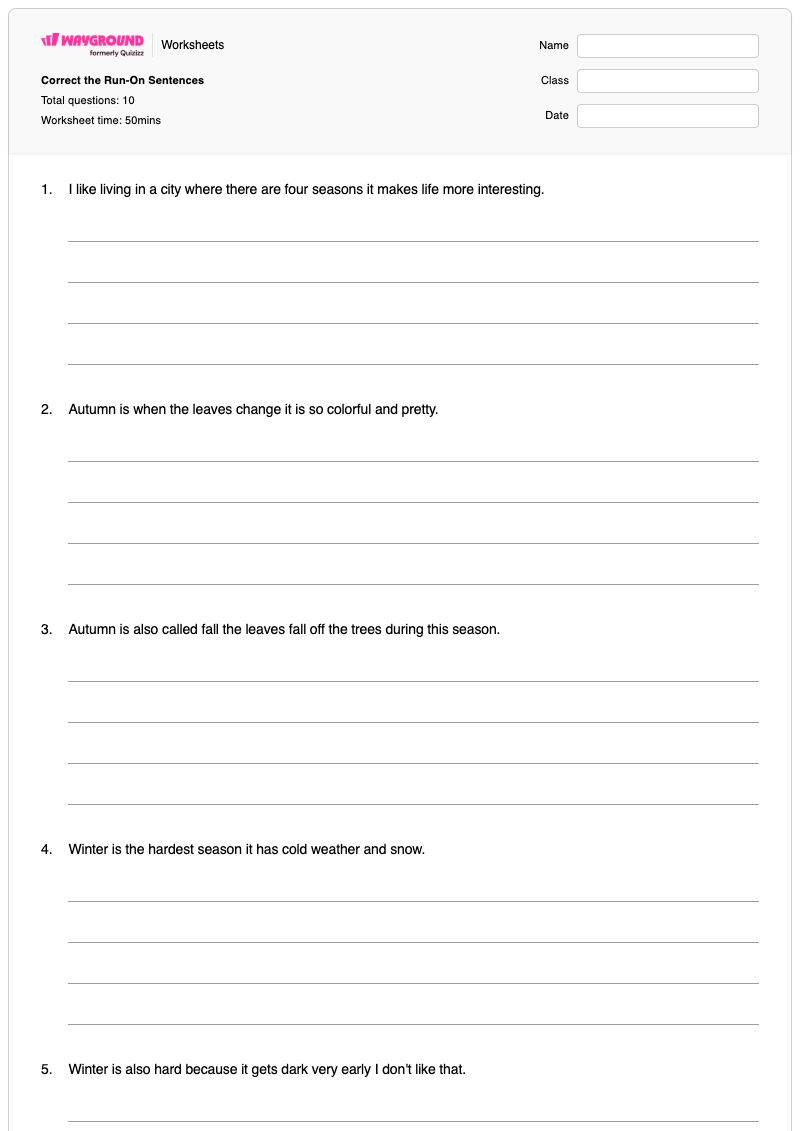 Correct the Run-On Sentences - Printable Run-on-sentences Worksheets Grade 6 - Wayground
