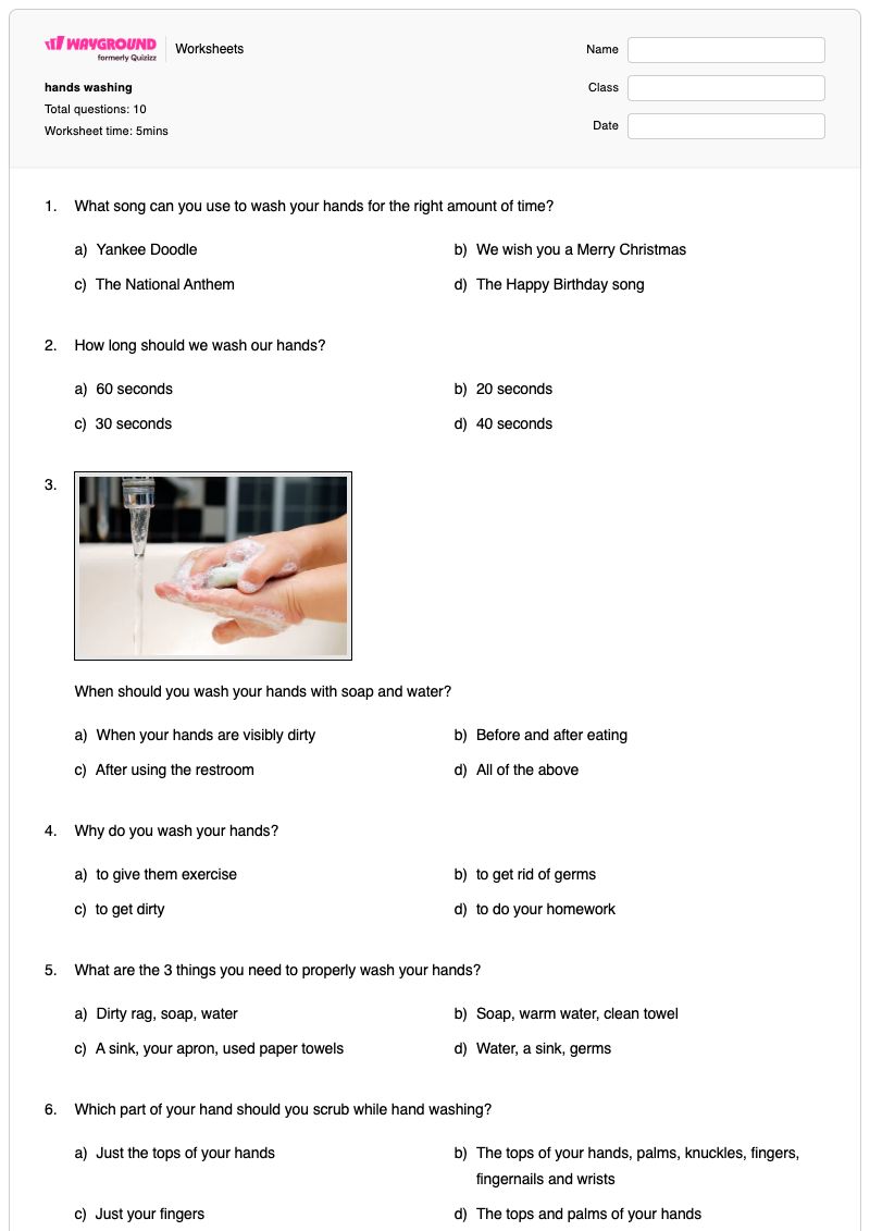 hands washing - Printable Hand-hygiene Worksheets Year 5 - Wayground