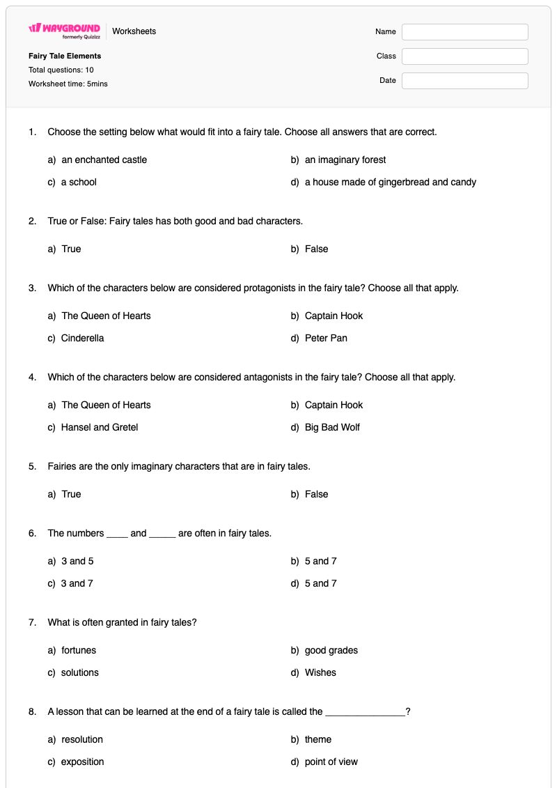 Fairy Tale Elements - Printable Fairy-tales Worksheets - Wayground