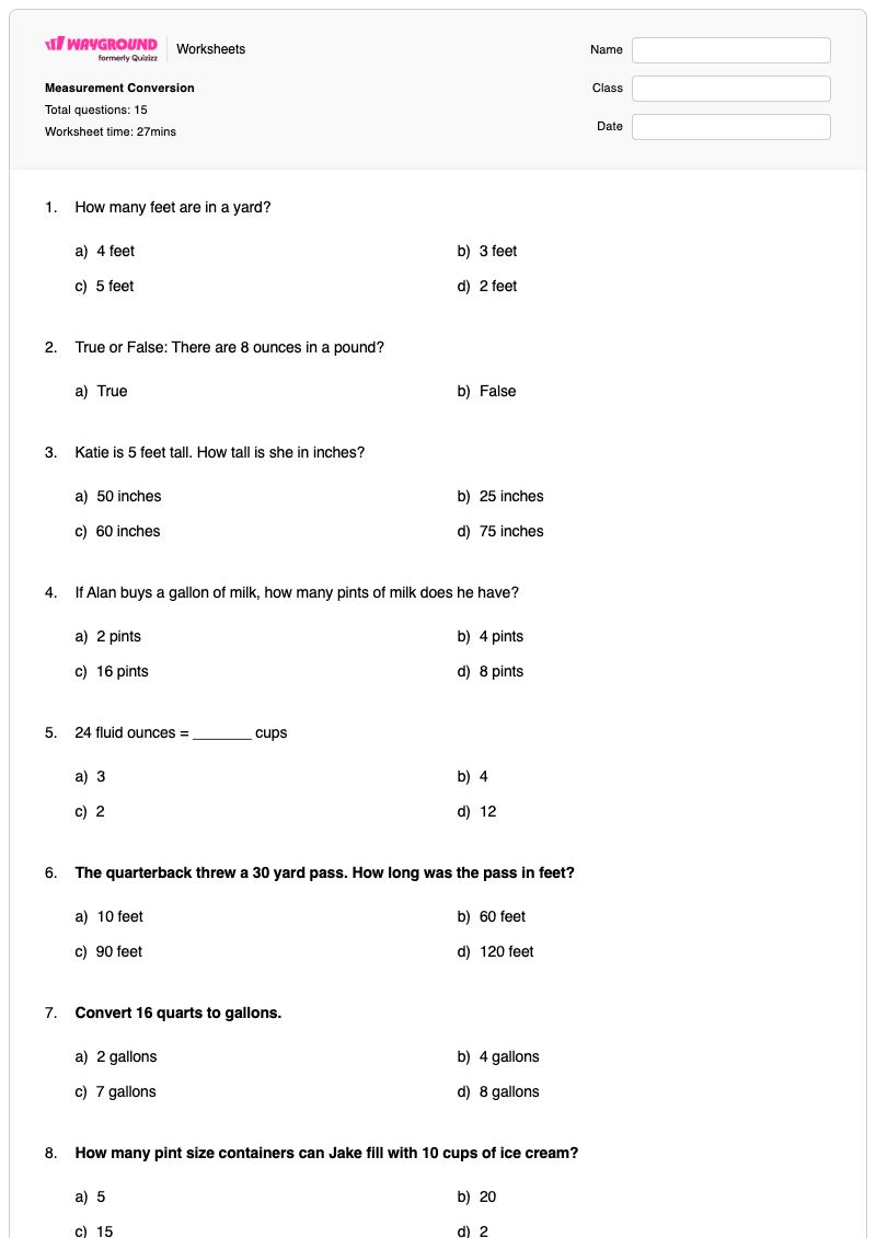 Measurement Conversion - Printable Units-and-measurement Worksheets - Wayground
