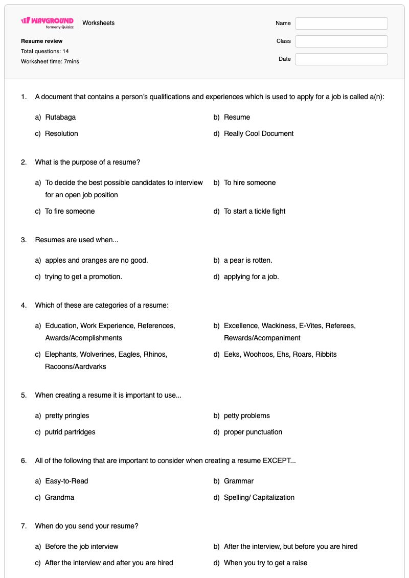 Resume review - พิมพ์ได้ Name-tracing เวิร์กชีท - Wayground