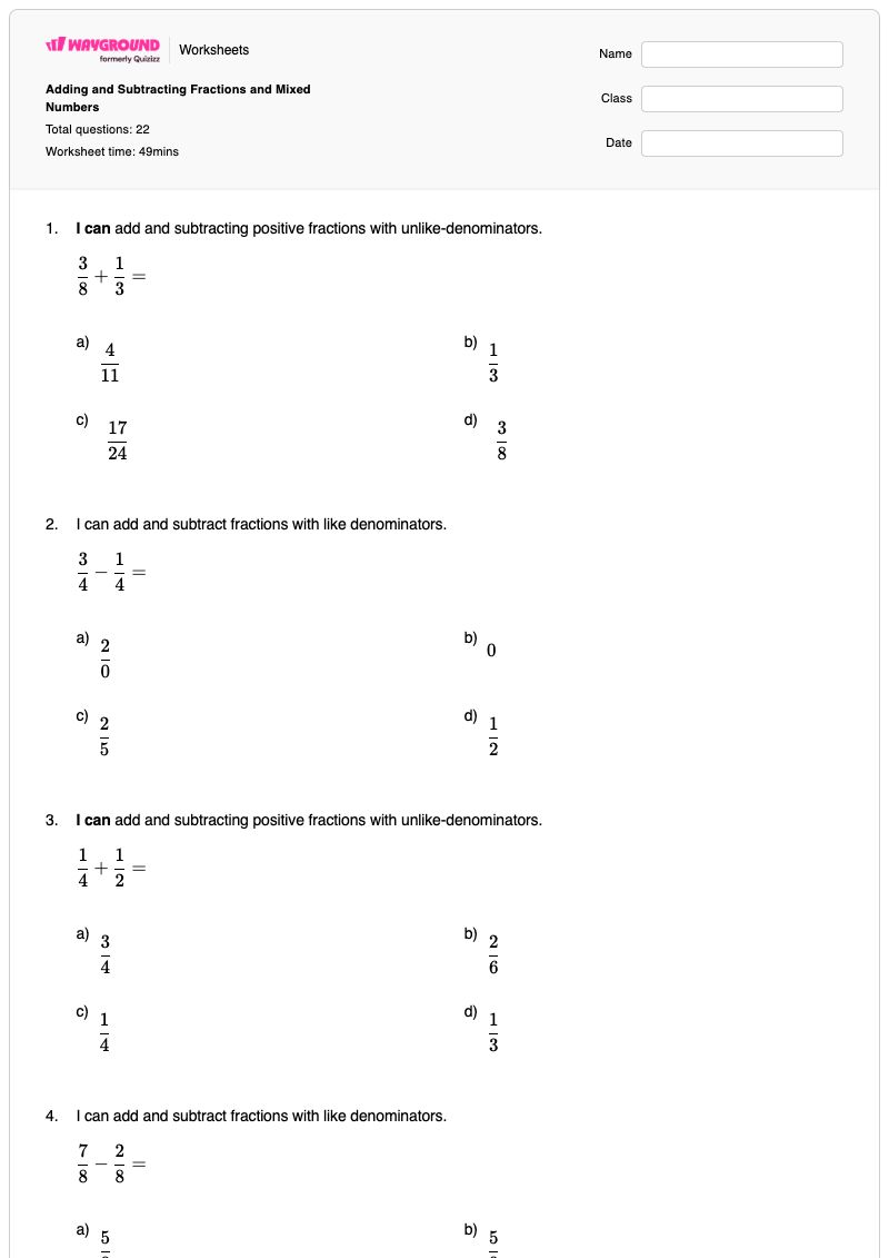 Adding and Subtracting Fractions and Mixed Numbers - Printable Subtracting-fractions-with-like-denominators Worksheets - Wayground