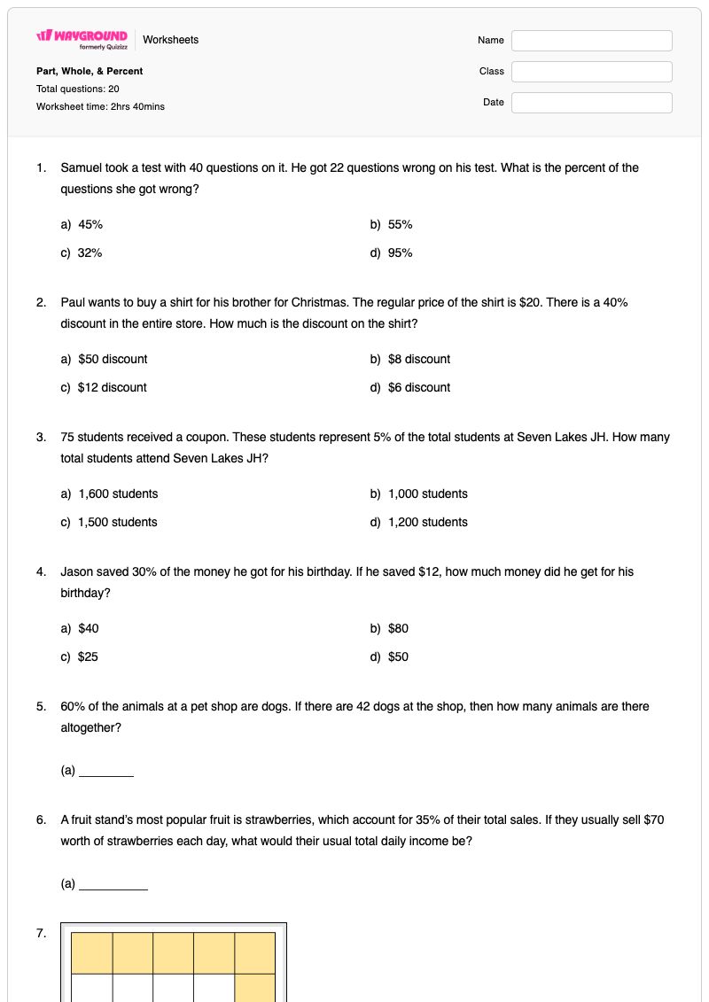 Part, Whole, & Percent - Printable Percentage-story-problems Worksheets Class 6 - Wayground