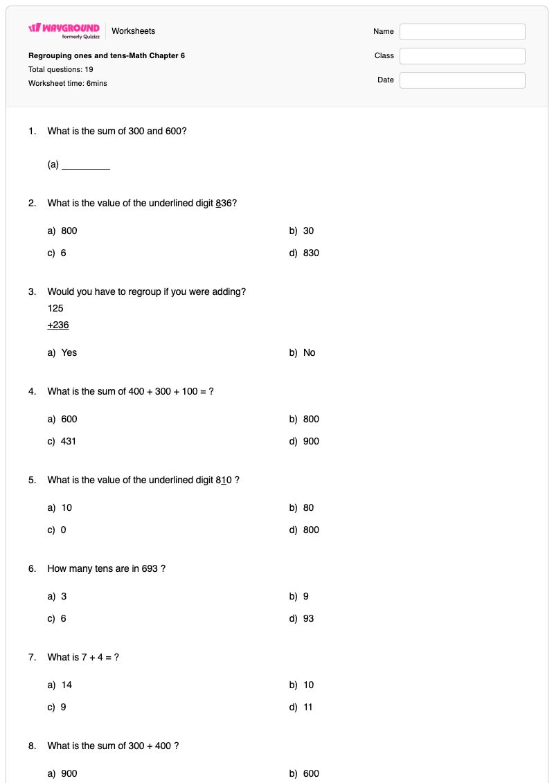 Regrouping ones and tens-Math Chapter 6 - Printable Place-value-and-regrouping Worksheets Class 2 - Wayground