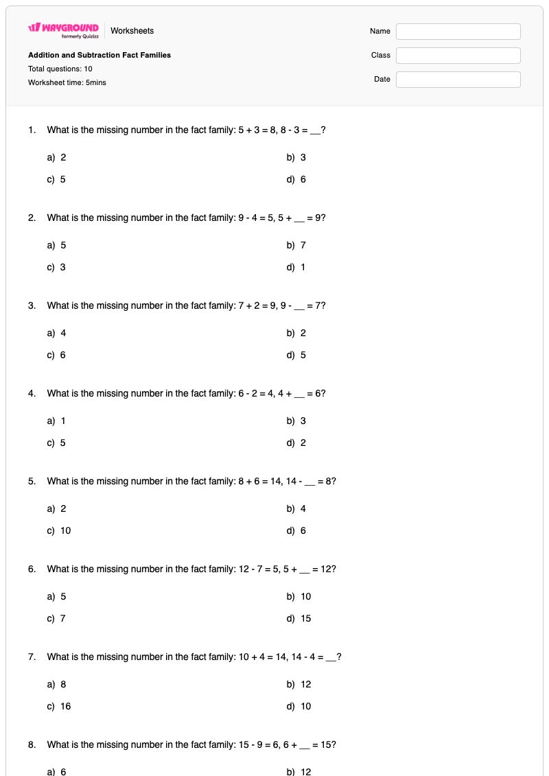 Addition and Subtraction Fact Families - Printable Fact-families Worksheets - Wayground