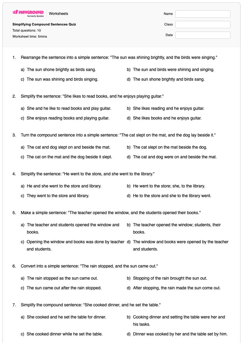 Simplifying Compound Sentences Quiz - พิมพ์ได้ Simple-sentences เวิร์กชีท - Wayground