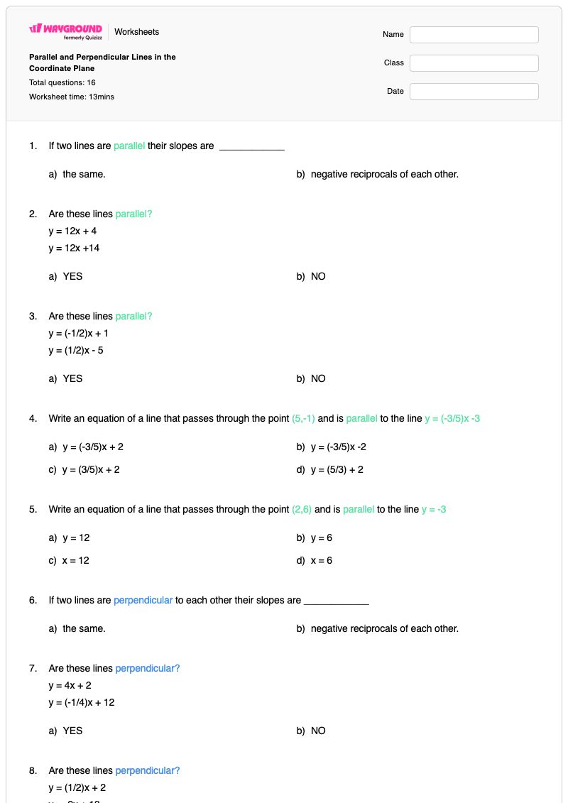 Parallel and Perpendicular Lines in the Coordinate Plane - พิมพ์ได้ เส้นขนานและเส้นตั้งฉาก เวิร์กชีท - Wayground