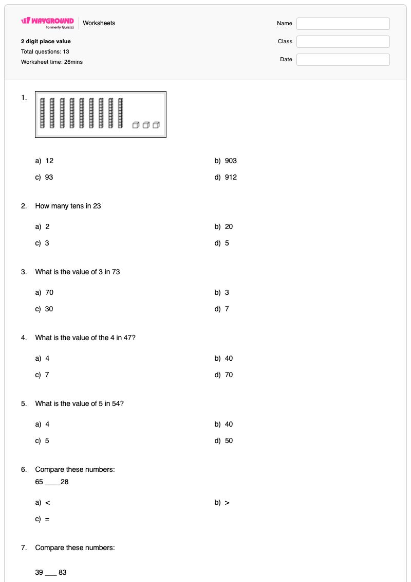 2 digit place value - Printable Value-of-digits Worksheets - Wayground