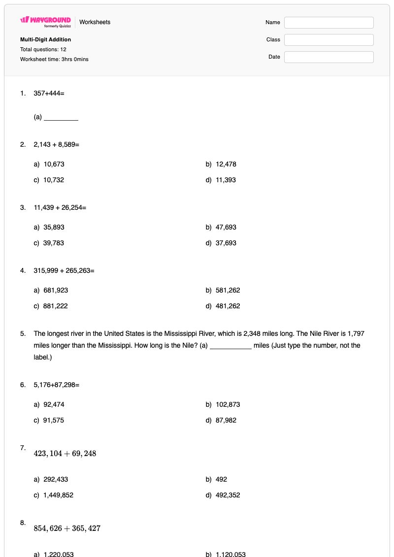 Multi-Digit Addition  - พิมพ์ได้ ส่วนที่เพิ่มเข้าไป เวิร์กชีท ระดับ 4 - Wayground