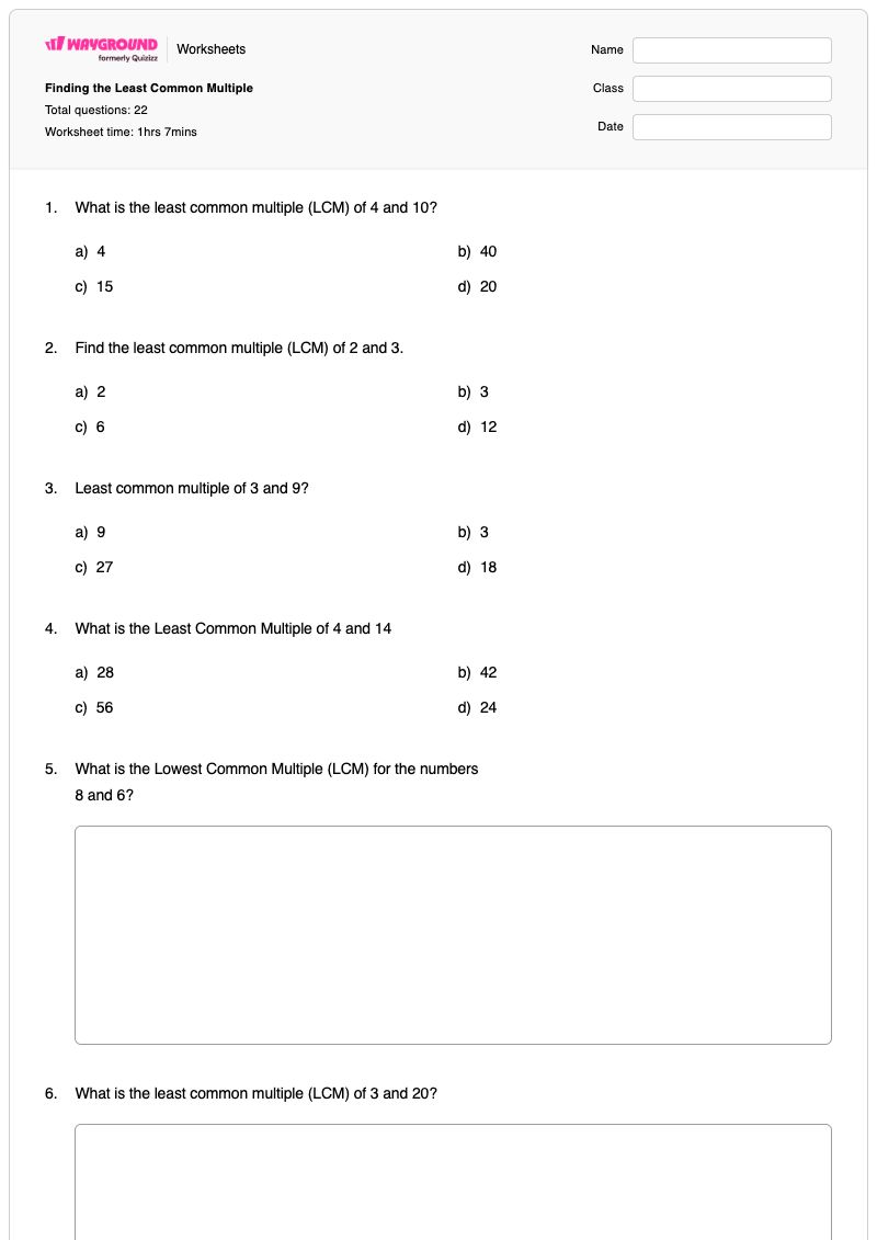 Finding the Least Common Multiple - Printable Least-common-multiple-lcm Worksheets Year 6 - Wayground