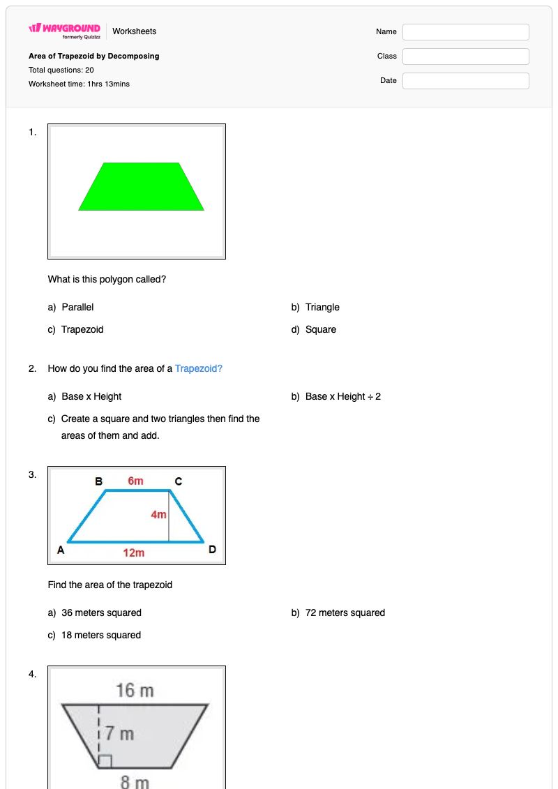 Area of Trapezoid by Decomposing - Printable Area-of-a-trapezoid Worksheets - Wayground