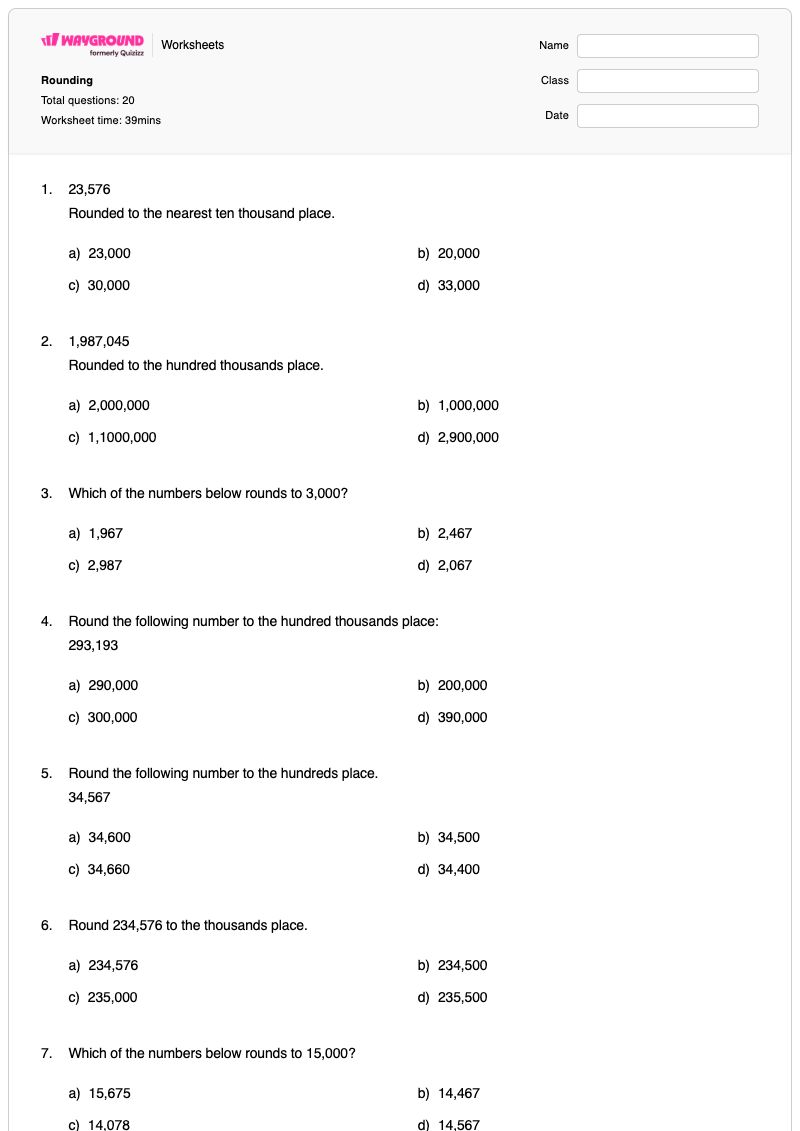 Rounding - พิมพ์ได้ Rounding-numbers เวิร์กชีท - Wayground