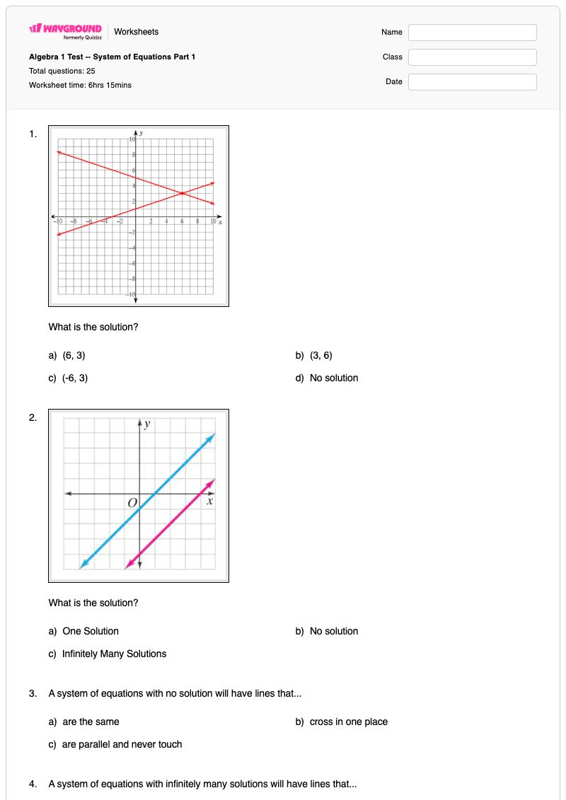 Algebra 1 Test -- System of Equations Part 1 - Printable Systems-of-equations Worksheets - Wayground